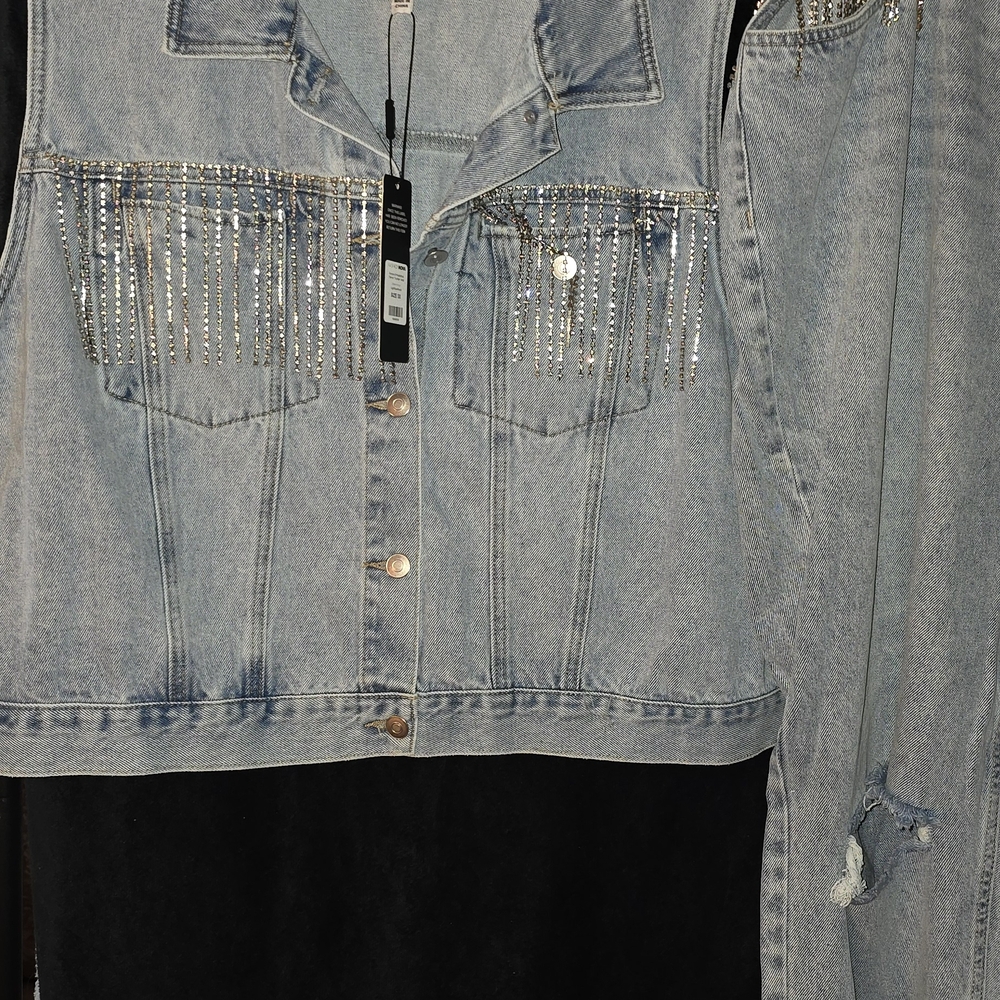 Fashion Nova Denim Vest And Pants Set with Rhinestone Accents